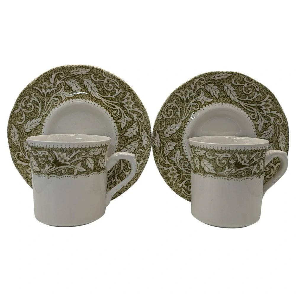 J G Meakin Teacups Saucers  Renaissance Green English Ironstone Set of Two SEE